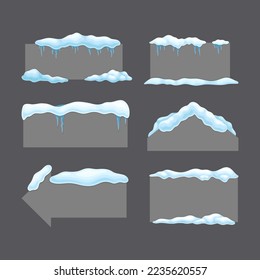 Blank frozen banners with snow and icicles set. Signboards of different shapes with place for text cartoon vector