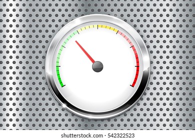 Blank gauge on metal perforated background. Vector illustration.
