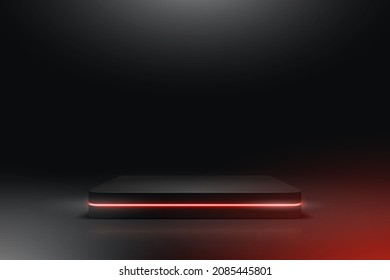 Blank geometrical shapes podium and red neon for product. Scenes in black color. Vector illustration