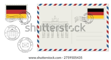 Blank Germany postcard with rubber stamp. Mockup realistic postcard  and postage stamp with Germany flag.