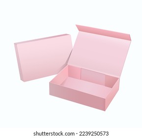 Blank gift box, closed and open box, package mockup, packaging design boxes, brand or showcase, isolated pink box, vector mockup