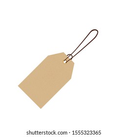 Blank gift box tag or sale shopping label with rope. Brown paper kraft realistic material. Empty organic style sticker. Design isolated
