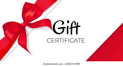 Blank Gift Card or Certificate Template with Elegant Red Bow and Satin Ribbon Border. Realistic Design Element on White Background for Business, Sales, and Promotions. Perfect for Christmas, Birthdays