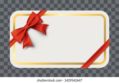 Blank Gift Card with Gold Frame and Red Bow Vector Template. Present Card with Rounded Corners. 