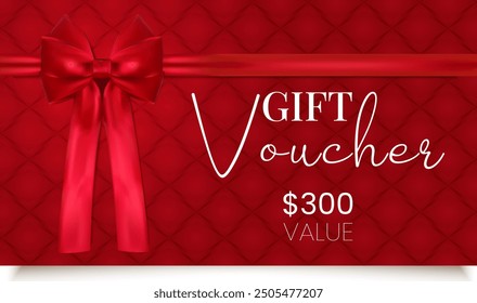 Blank Gift card with luxury decorative satin red ribbon, bow and text isolated on red background. Realistic vector template for gift voucher, card, certificate, coupon.