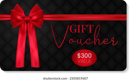 Blank Gift card with luxury decorative satin red ribbon, bow, and text isolated on black background. Realistic vector template for gift voucher, card, certificate, coupon.