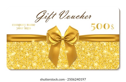 Blank Gift card with luxury decorative satin gold ribbon, bow, sparkles and text isolated on white background. Realistic vector template for gift voucher, card, certificate, coupon.