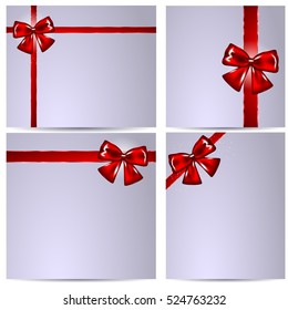 Blank Gift Card Template for Greeting Notes with Red Ribbons. Vector Illustration Set