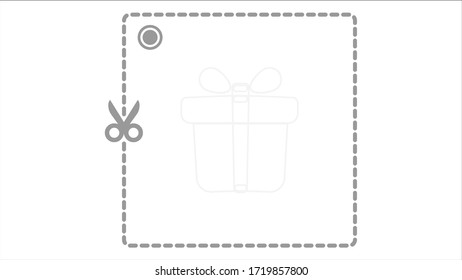 Cupón de regalo en blanco o vectores de vales con tijeras, línea de puntos y caja de regalo en el fondo.