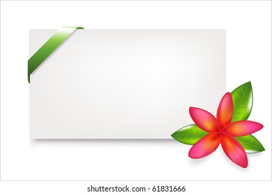 Blank Gift Tag With Green Satin Ribbon And Fragipani, Isolated On White, Vector Illustration
