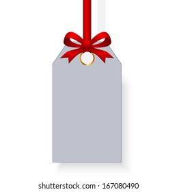Blank gift tag with red bow isolated on white 
