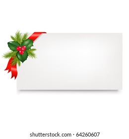 Blank Gift Tag With Red Satin Ribbon And Holly Berry, Isolated On White Background, Vector Illustration