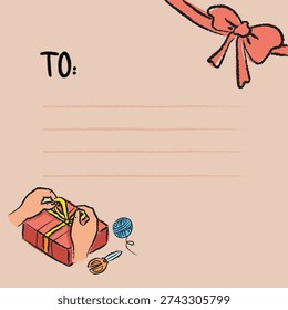 Blank gift tag stationery with hands tying a ribbon on a wrapped present, bow and craft tools nearby. Soft pastel palette evokes thoughtful, homemade gift giving for birthdays, holidays and celebrations.