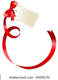 Etiqueta de regalo en blanco atada con una proa de cinta de satén roja.
