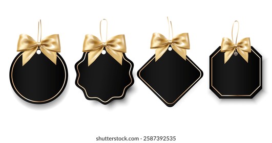 Blank gift tags label set with gold bows in different shapes.Blank black gift labels with bows for sale,promotions,icons,gifts, branding,luxury packaging,creative banner elements.Vector illustration