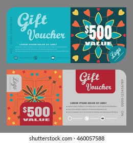 Blank of gift voucher vector illustration to increase sales on turquoise and gray background with pattern.