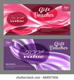 Blank of gift voucher vector illustration to increase sales on pink and lilac background with waves.