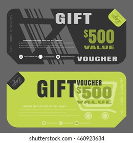 Blank of gift voucher vector illustration to attract new customer on green and dark gray background with lines.