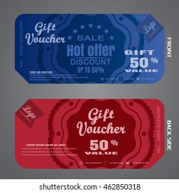 Blank of gift voucher vector illustration to increase sales on dark blue and red background with labels.