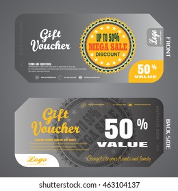 Blank of gift voucher vector illustration to attract new customer and increase sales on gradient gray background with labels.