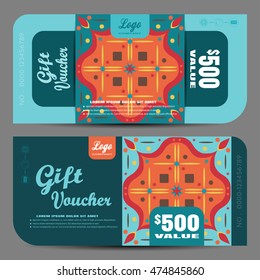 Blank of gift voucher vector illustration on the turquoise background with floral pattern.