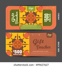 Blank of gift voucher vector illustration in autumn colors background with green insert.