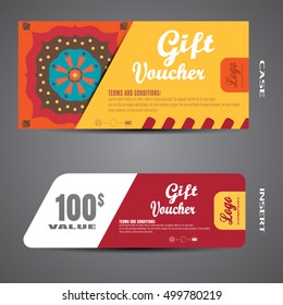 Blank of gift voucher vector illustration in autumn colors background with red and white insert.