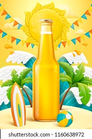 Blank glass bottle mockup on light clay and plasticine style beach background in 3d illustration