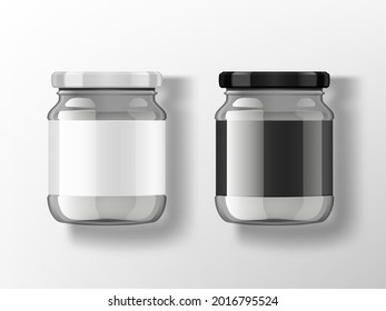 Jar De Vidrio En Blanco Con Láminas Y Tapas Blancas Y Negras. Vector EPS10