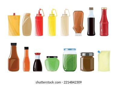Blank glass and plastic bottles and packages of various sauces flat set isolated vector illustration