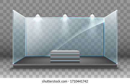 Blank glass trade exhibition stand with lighting on transparent background.