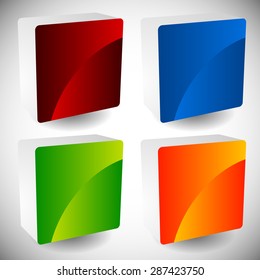 Blank glossy 3d square buttons with rounded corners, vector. Set of 4 colors. Faces of squares consist of 2 pieces.