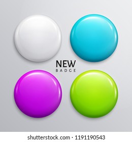 Blank glossy badges, pin or web button. Four colors, white, light blue, purple and green. Vector.