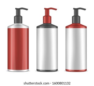 Blank glossy bottle with pump dispenser, realistic vector illustration. Cosmetic product packaging set in black, white, red colors