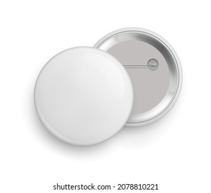 Insignia 3d metálica en blanco brillante de forma circular. Parte delantera y trasera de broche blanco para marca, publicidad, identidad y promoción de ilustraciones vectoriales realistas. Tragedia para el diseño.