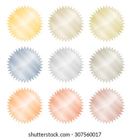 Blank glossy stickers with reflections vector gold, red gold, platinum, silver, bronze, copper, aluminum.  Which can be used as coins, labels, buttons