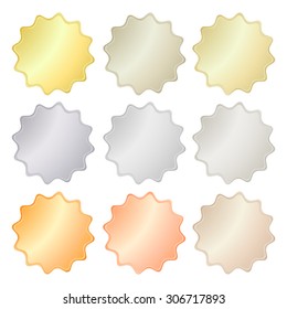 Blank glossy vector stickers in gold, red gold, platinum, silver, bronze, copper, aluminum.  Which can be used as a coin, labels, buttons