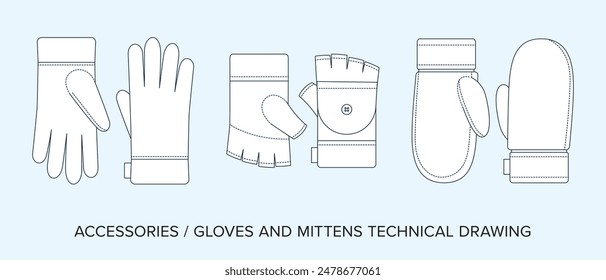 Blank Gloves and Mittens Technical Drawing, Accessories Blueprint for Fashion Designers. Detailed Editable Vector Illustration, Black and White Schematics, Isolated Background