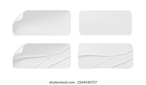 Blank glued stickers with copy space. Vector isolated realistic paper notes with crumpled and wrinkled texture. Surface of labels or pricetags with glue and folding bend corner. Clean and curled badge