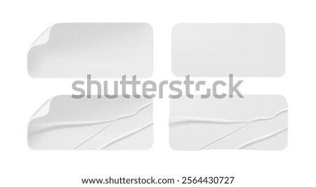 Blank glued stickers with copy space. Vector isolated realistic paper notes with crumpled and wrinkled texture. Surface of labels or pricetags with glue and folding bend corner. Clean and curled badge
