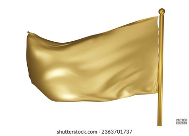 Bandera dorada en blanco sobre fondo blanco. Una bandera de oro ondeando en el viento del asta. Plantilla de marca de oro. Ilustración vectorial 3d.