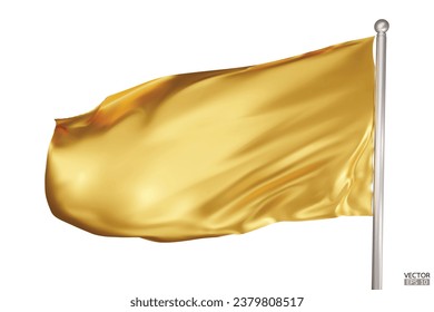 Blank Gold flag on white background. A Golden flag waving in the wind on the flagpole. Gold flag template. 3d vector illustration.