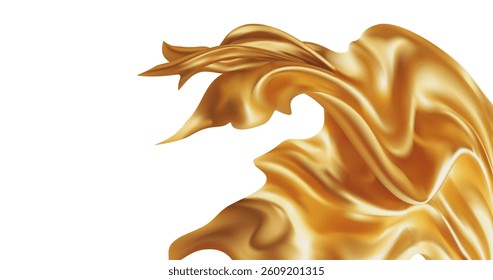 Blank Gold flag on white background Flying gold silk textile fabric flag background,Golden flying fabric