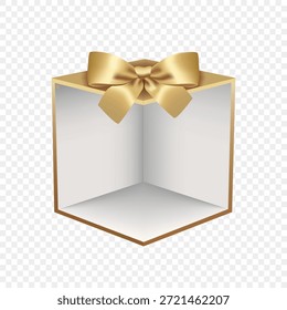 Fondo de caja de regalo de oro en blanco o caja de regalo de oro con lazo de cinta de oro aislado sobre fondo transparente