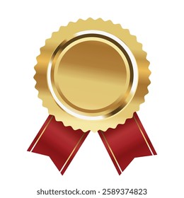 Blank gold medal with red ribbon, empty golden stamp luxury seal, winner awards symbol vector illustration