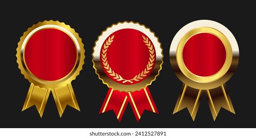 Blank gold medals set. Realistic golden red labels badge. Vector illustration