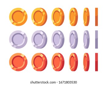 Blank gold, silver and bronze coins at different angles