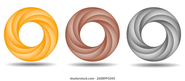 Blank gold, silver and bronze medals with realistic 3D vector illustration. First, second and third place medals or buttons isolated on white background. eps 10