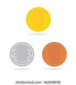 Blank gold, silver, bronze medals with laurel leaf. Vector illustration
