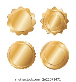 Blank golden badge, empty gold medal label vector illustration set. Gold medal winner, Golden Gradient glossy Badge Round circle Realistic Vector for winner sports awards, medallions for champion
